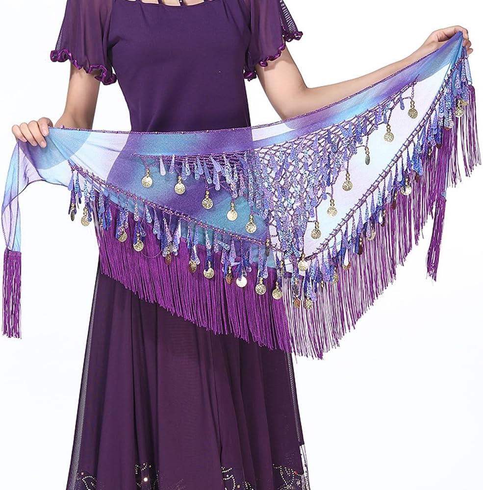 SITAKEGS Belly Dance Hip Scarfs,Girls/Women's Wave Shape Skirts Wrap with Sequin,Purple Chiffon Tassel Skirt Waist Costume Belt for Festival Club Summer Beach Dance
