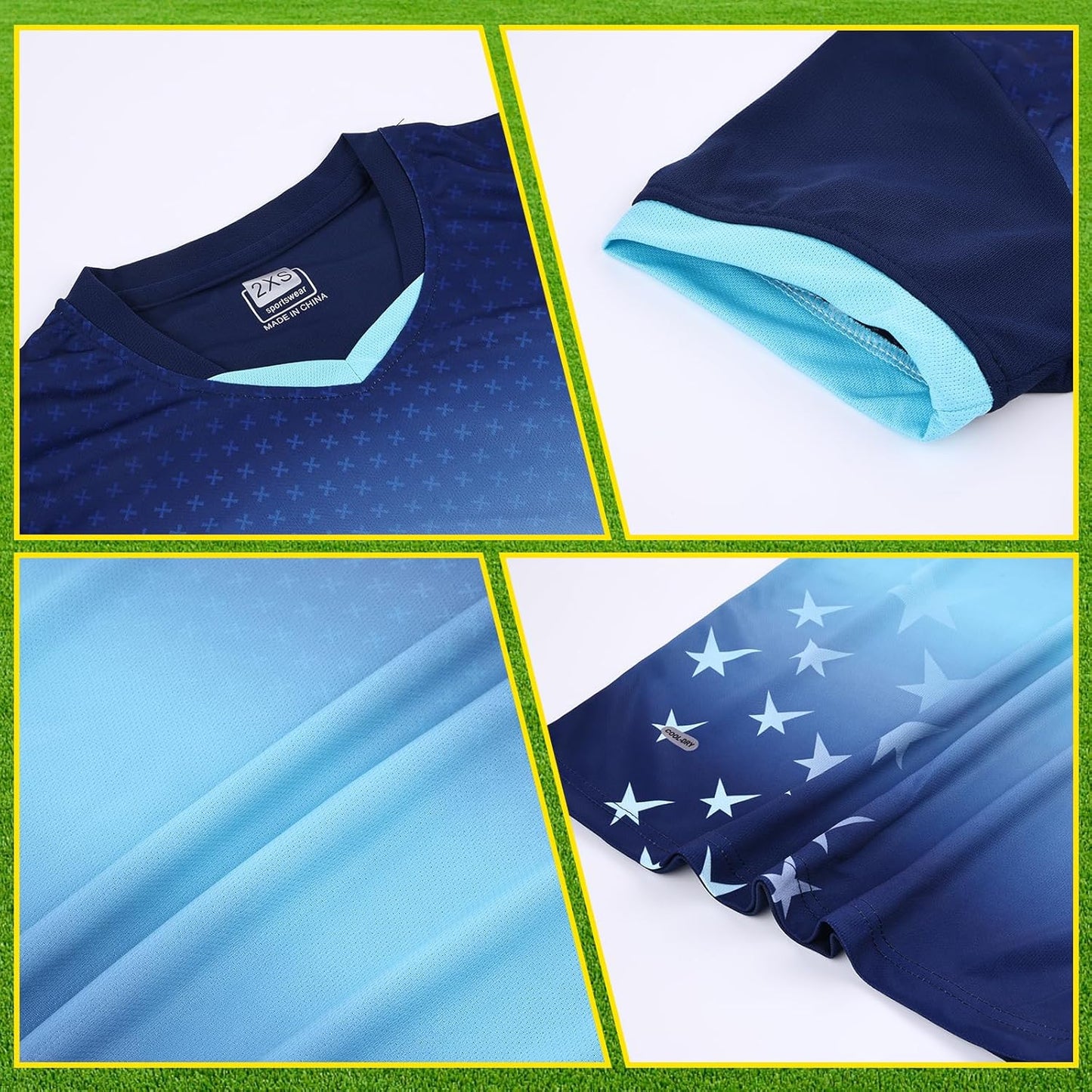 Kids Jersey Soccer Knit Set - 100% Polyester Quick Dry 1/4 Sleeve T-shirt, V-neck Gradient Mesh Soccer Set