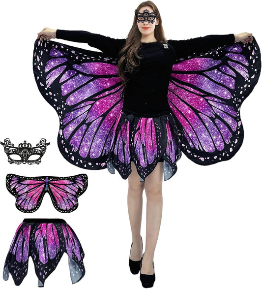 Butterfly Costumes for Women - Double-Sided Printing Butterfly Wings Cape with Skirt for Adults Halloween Costumes