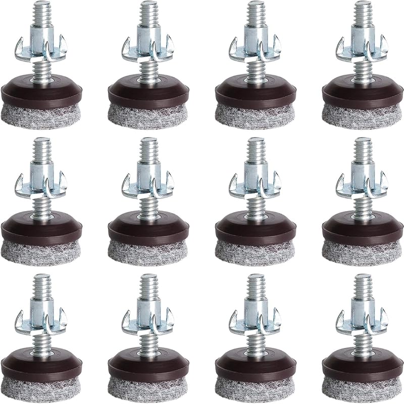 Anwenk Furniture Levelers Adjustable Furniture Feet Leveling Table Chair Levelers T-Nut Leg Levelers with High-Density Felt, 1/4-20x1" Threaded Shank T-Nuts,12 Pack