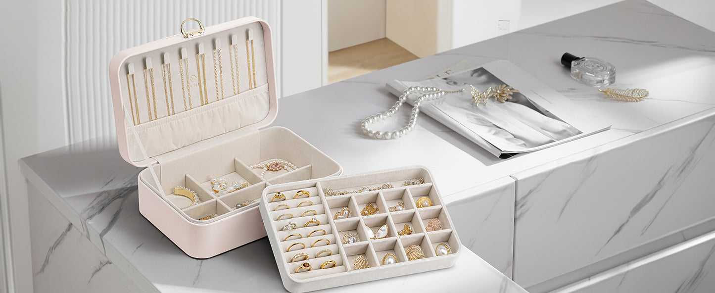 Vlando Jewelry Box Organizer for Women Girls, 2 Layer Jewelry Case with Lock,Jewelry Storage Earrings Necklace,Rings,Gift for Teachers Wedding Birthday Gifts-Cream White