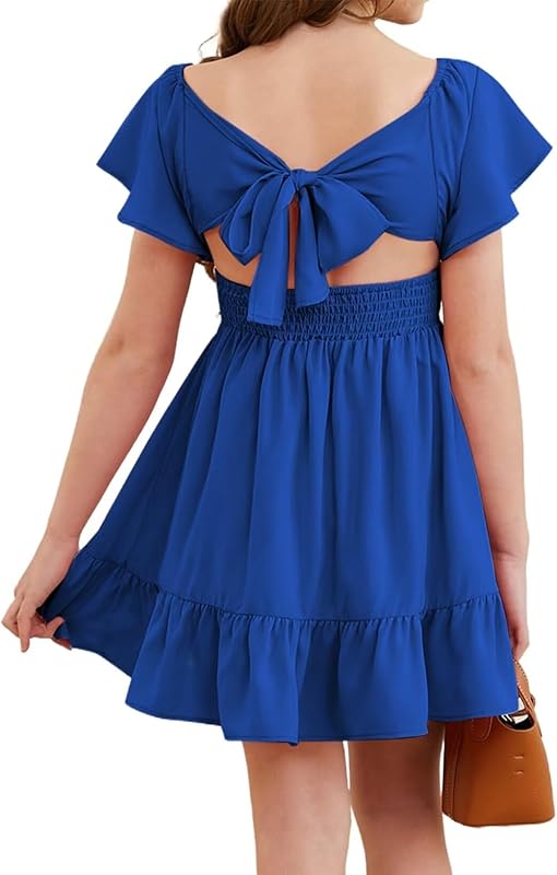 Girls Elegant Ruffle Short Sleeve Back Tie Dresses 6-13 Years Old