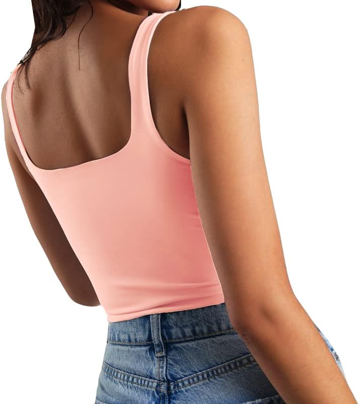 Artfish Women's Sleeveless Strappy Tank Square Neck Double Layer Workout Fitness Casual Basic Crop Tops