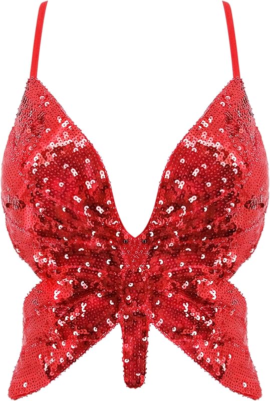 Mocure Womens Glitter Sequin Butterfly Crop Top Low-Cut Tank Top Rave Tube Vest Top for Belly Dance Costume Outfits
