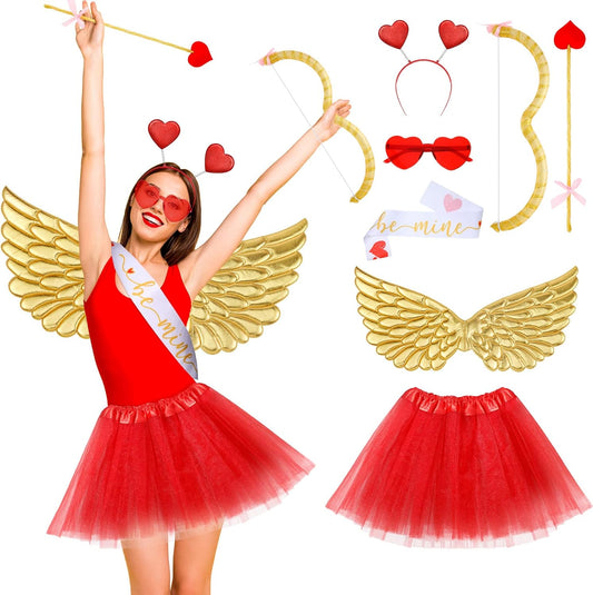 Marsui 7 Pcs Valentines Cupid Costume Set Valentine's Cupid Accessory Kit Includes Wings, Heart Sunglasses, Bopper Heart Headband, Body Sash, Bow and Arrow and Tutu Skirt for Women Men Adult Props Set