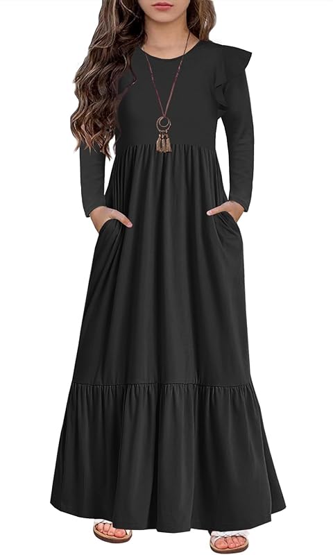 HOSIKA Girls Fall Ruffle Long Sleeve Crew Neck Loose Casual Flowy Tiered Maxi Dress with Pockets for 6-12 Y