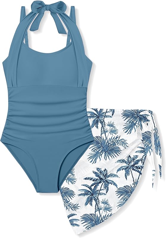 Girls Swimsuit Halter Neck One Piece Bathing Suit with Tropical Printed Cover Up Skirt Girls' Swimwear Set 7-18Y