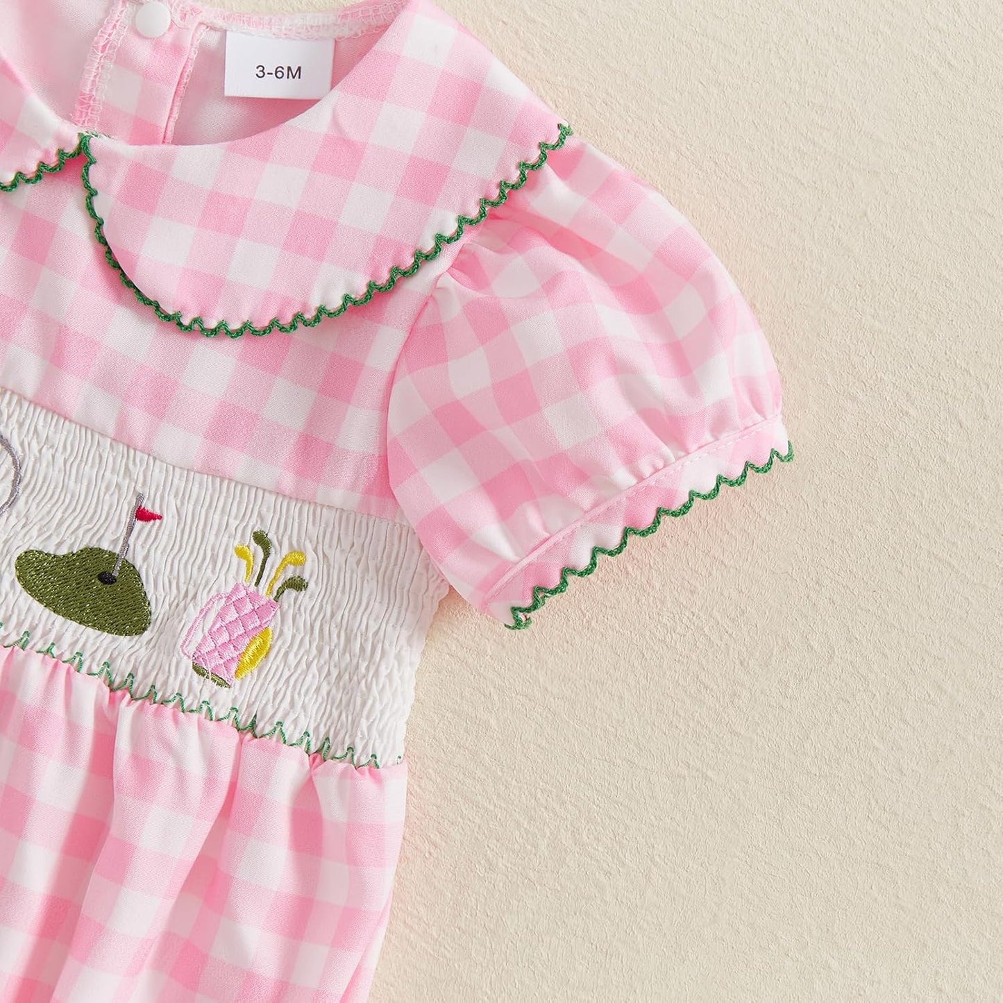 Newborn Baby Girl Golf Outfit Summer Doll Collar Bubble Short Sleeve Golfing Theme Embroidery Smocked Plaid Romper Bodysuit