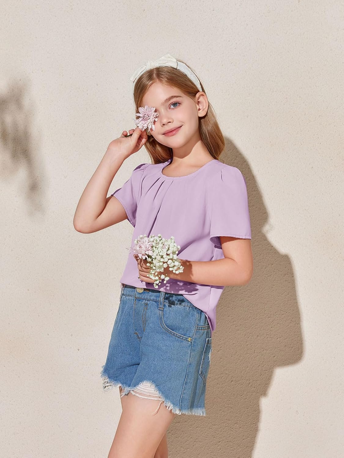Girls Shirts Summer Short Sleeve Cute Tops Chiffon Pleated Blouses 5-14 Years