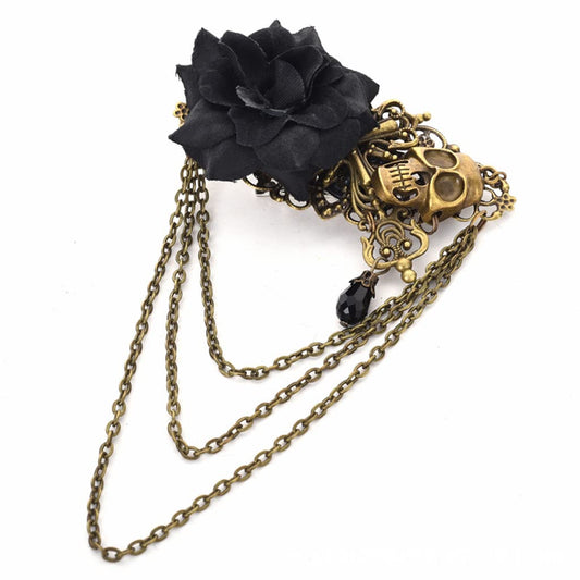 Vintage Punk Rose Hair Clip Skull Cross Long Chain Brooch Pin Gothic Lolita Headpiece for Halloween Costume Hair Accessories One Size
