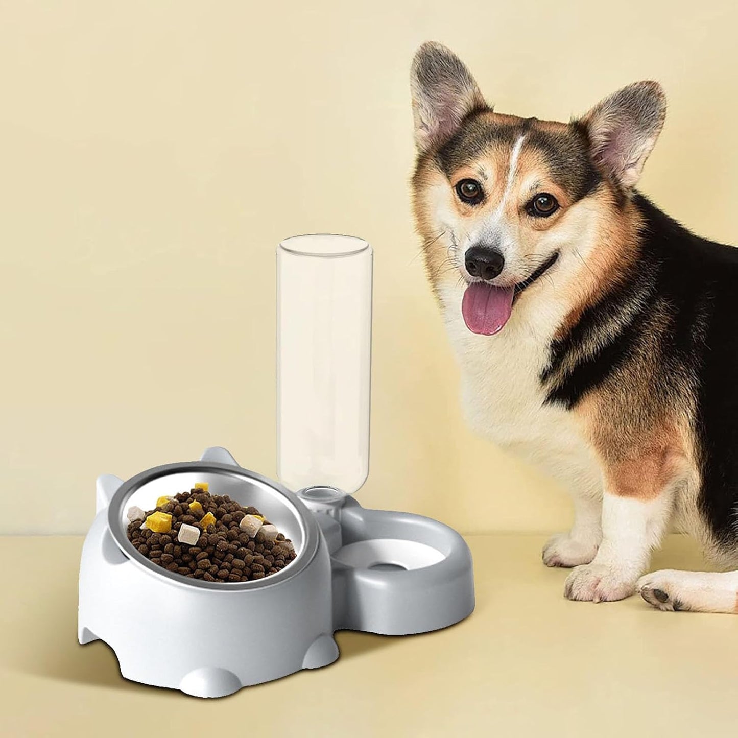 Double Dog Cat Bowls, Pets Water and Food Bowl Set, 15° Tilted Dishes with Water Dispenser, Pet Feeder Bowl Indoor for Kitten, Puppies, Small or Medium Size Dogs Cats (Grey)