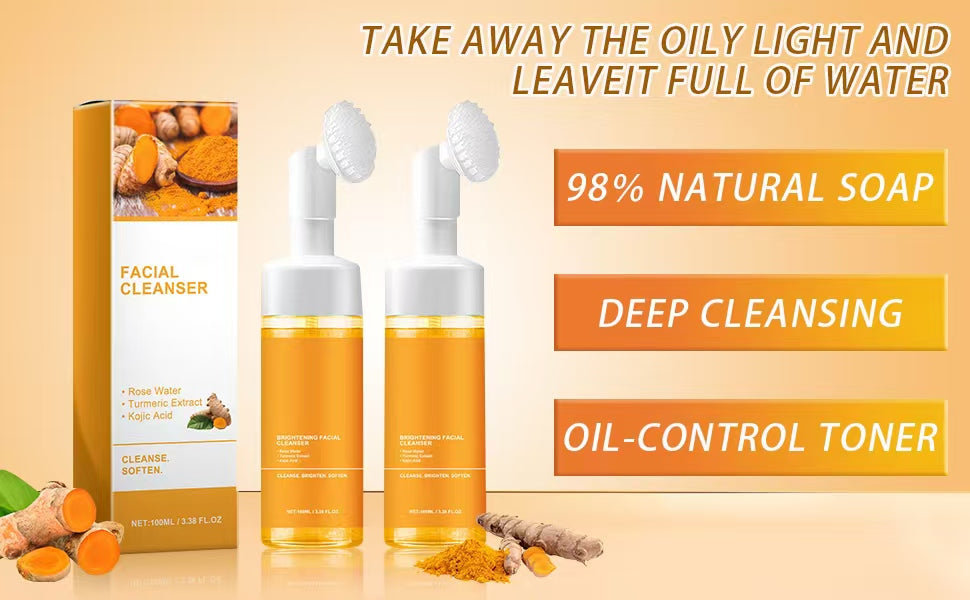 2pcs Glow Wash Face Wash With Brush,Turmeric Facial Wash, Turmeric Foaming Cleanser for All Skin