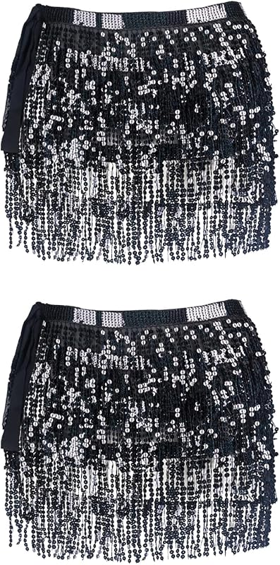 Women Belly Dance Skirt Tassel Fringe Skirts Sparkly Sequin Hip Scarf Party Costume