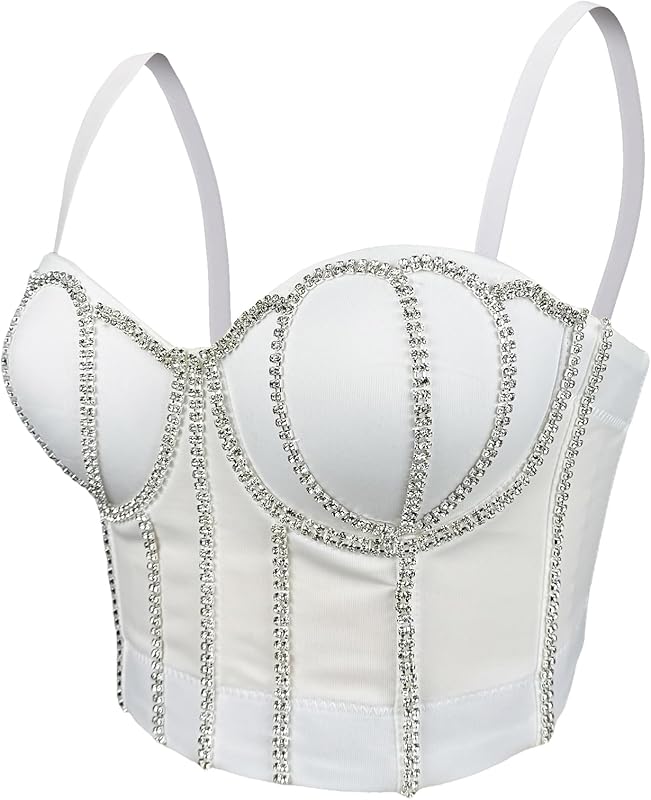 Women's Handmade Rhinestone Diamond Push up Bustier Crop Top Punk Corset Bra Vest With Detachable Strap