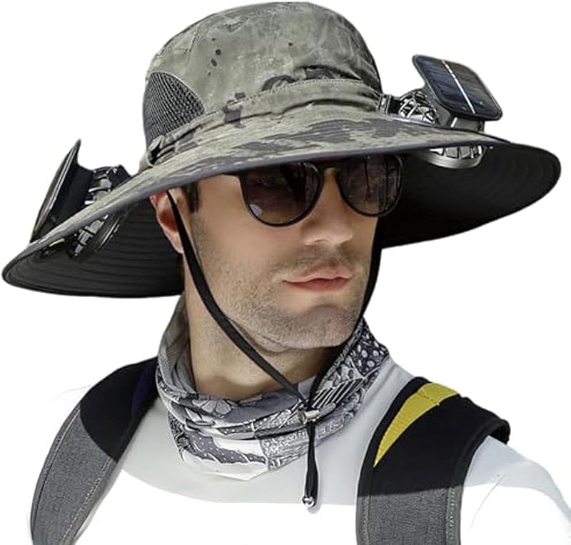 Outdoor Wide Brim Sun Hat with 2 Solar Fan - 2025 Sun Bucket Hat for Men Women, UPF 50+ Bucket Fishing Beach Hat Fan Built in