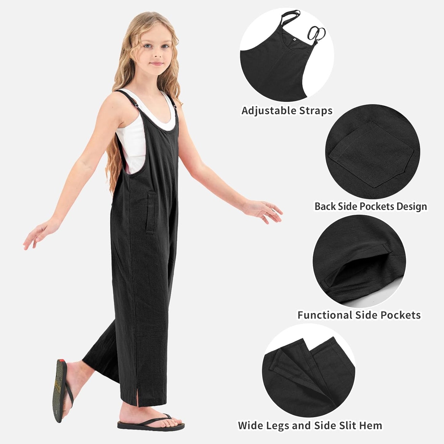 Rolanko Girls Jumpsuit Adjustable Spaghetti Strap Loose Overalls Rompers, Cotton Baggy Plain Playsuits with Pockets for Age 5-12 Years