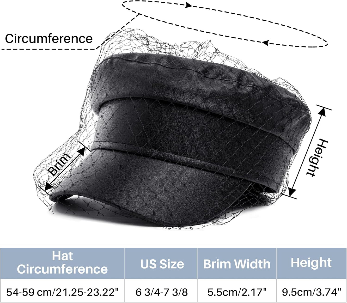 Beret Hats for Women PU Leather Newsboy Fiddler Cap with Veil Casual Baker Boy Captain Hat
