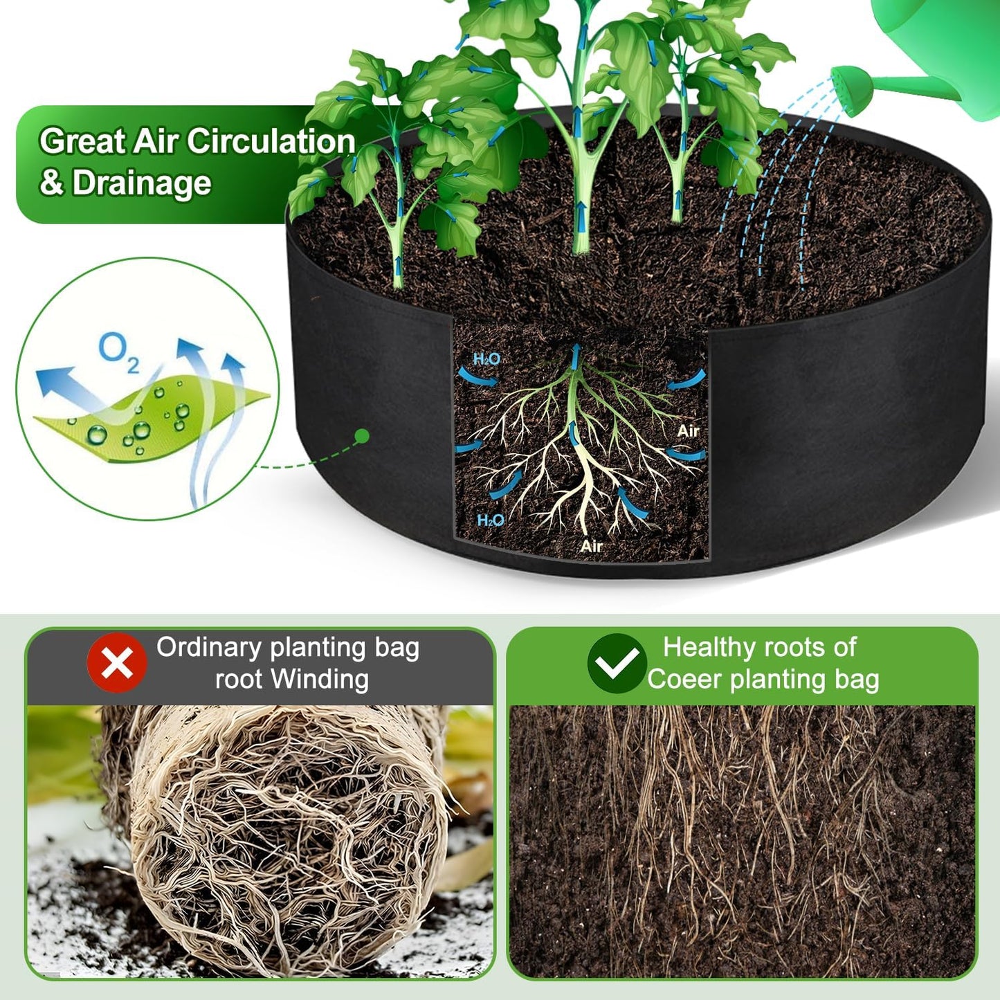 15 Gallon Large Grow Bag, Heavy Duty Fabric Round Raised Garden Bed Planter Pots for Planting Herb Flower Vegetable Potato Plants (24" D x 8" H, Black)