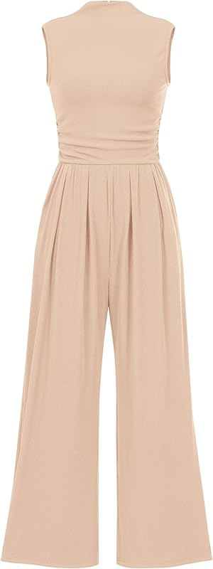PRETTYGARDEN Womens Summer Jumpsuits Dressy Casual One Piece Outfits Sleeveless Mock Neck Wide Leg Pants Rompers with Pockets