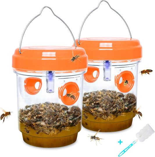 2 Pack Solar Wasp Traps Outdoor Hanging Carpenter Bee Traps for Outside Yellow Jacket Trap Hornet Trap Wasp Killer with UV LED Light Reusable Bee Catcher for Patio Garden