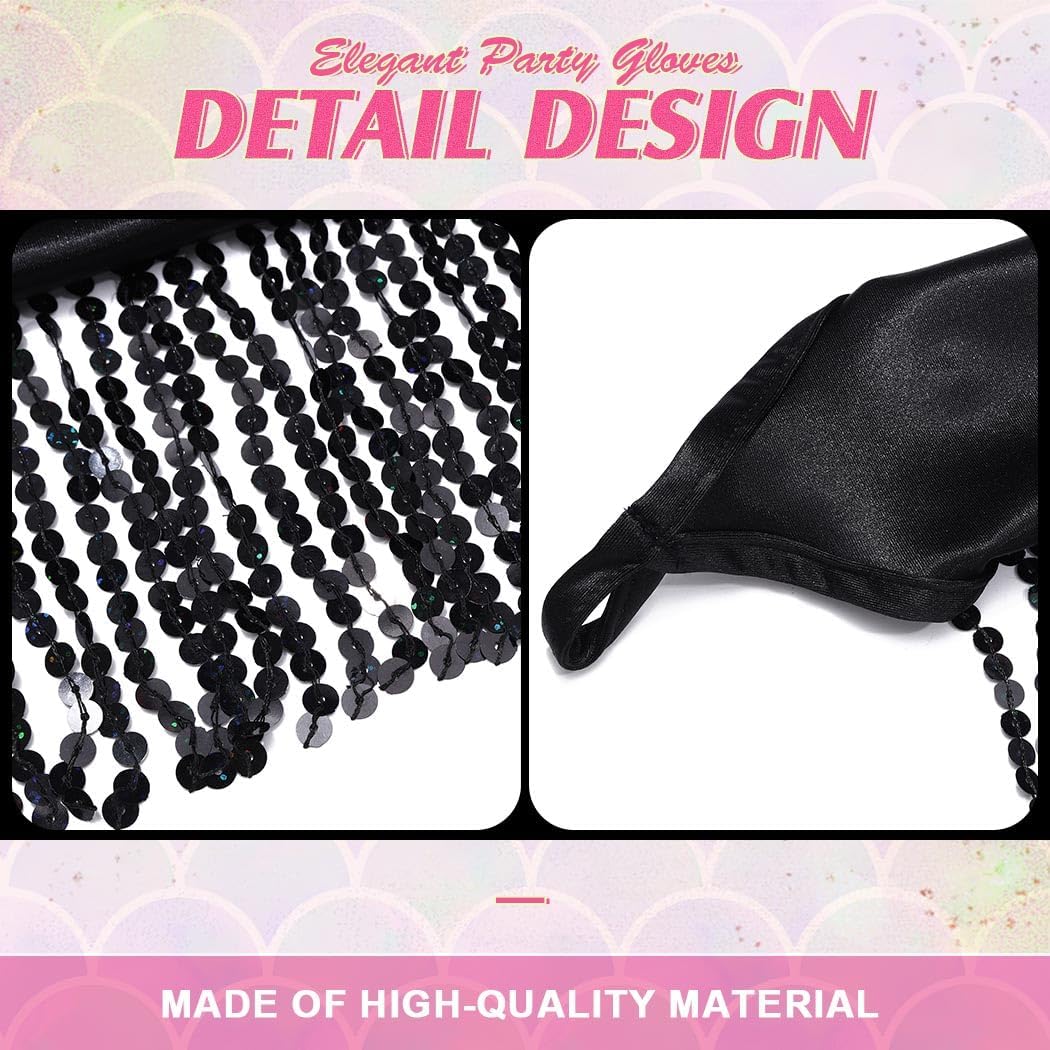 Women 1920s Tassel Glitter Long Gloves Sequin Opera Fingerless Glove Rave Party Satin Arm Sleeves(Black)