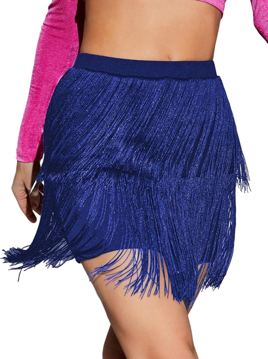 WDIRARA Women's Fringe Skirt High Waisted Tiered Dance Party Layered Swing Mini Skirt