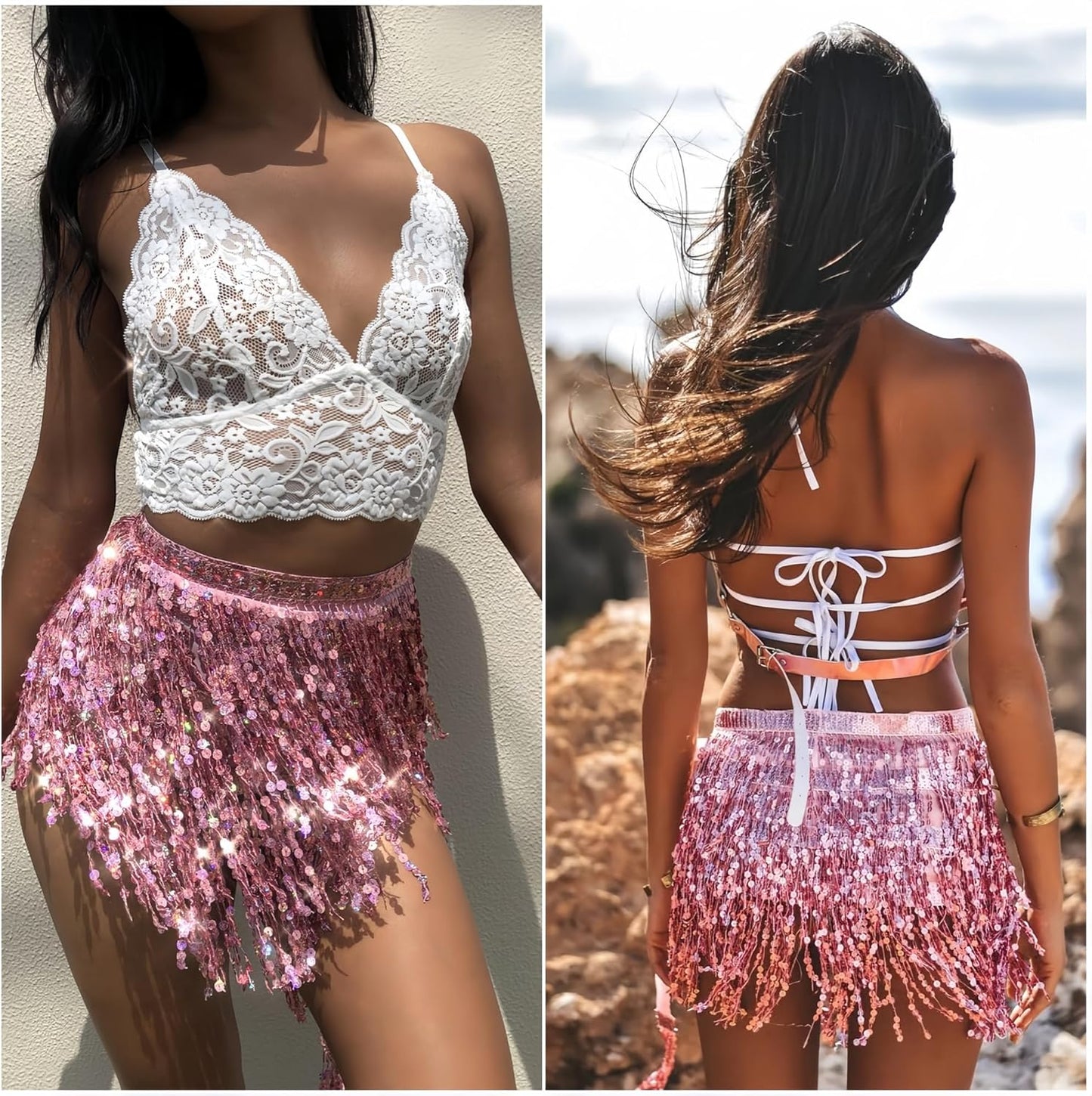 MUNAFIE Sequin Tassel Hip Scarf Sequin Tassel Skirts Rave Fringe Hip Scarf for Festival Belly Dance Skirt