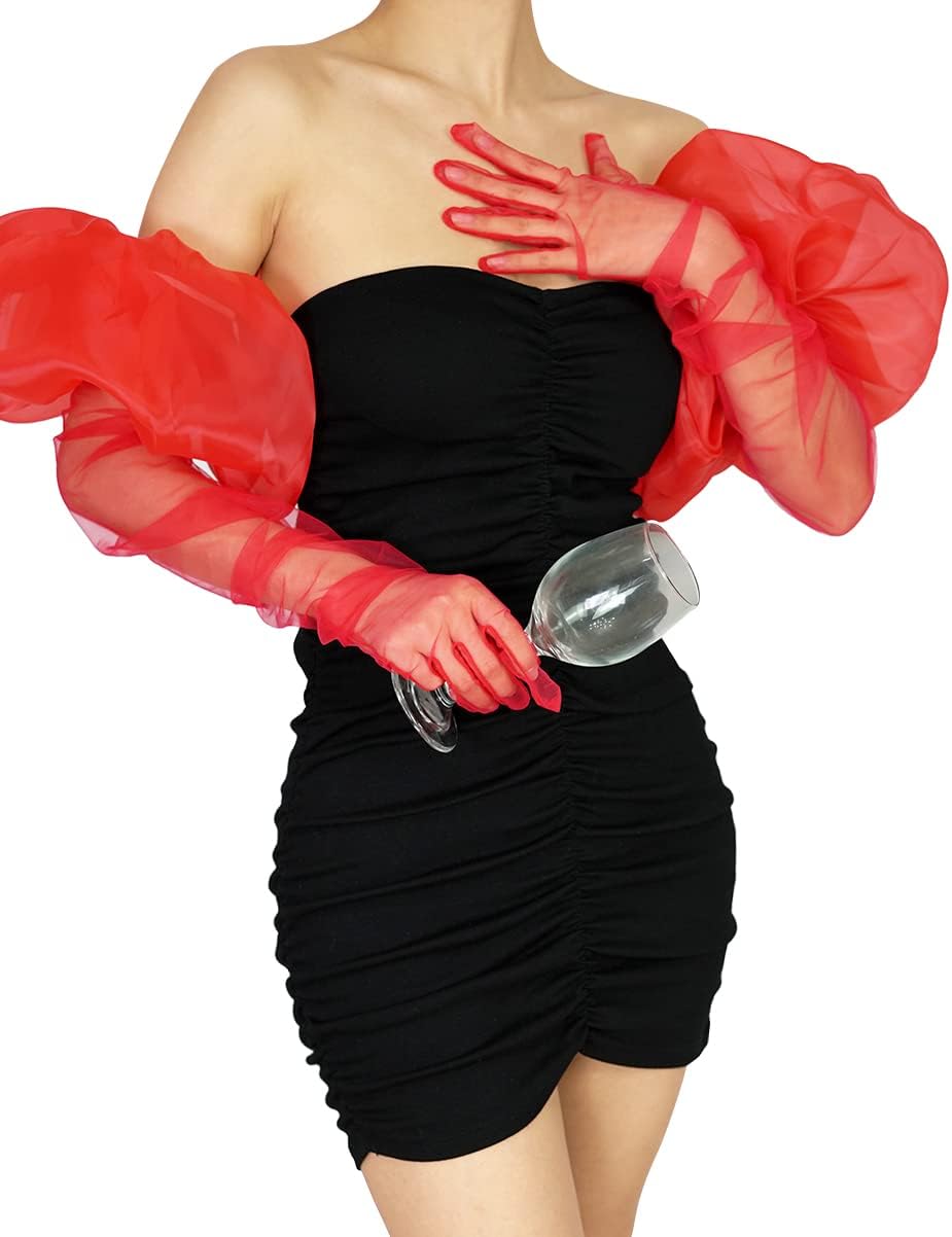 Super Puff Women's Sheer Long Oversize Tulle Mesh Gloves for Cocktail Opera Party with Puff Sleeve