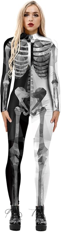 JJEUWE Women's Skeleton Halloween Bodysuit Costume Stretch Skinny Catsuit Jumpsuit
