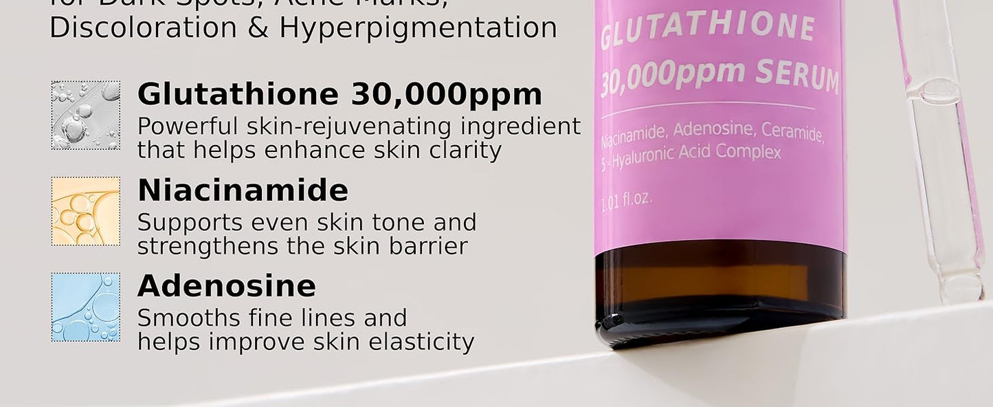 Pure Glutathione Glow Serum 30,000 ppm for Dark Spots & Uneven Tone – Radiance-Boosting Formula with Niacinamide, 5x Hyaluronic Acid & Ceramide – Smooth, Luminous for Sensitive Skin Korean Skincare