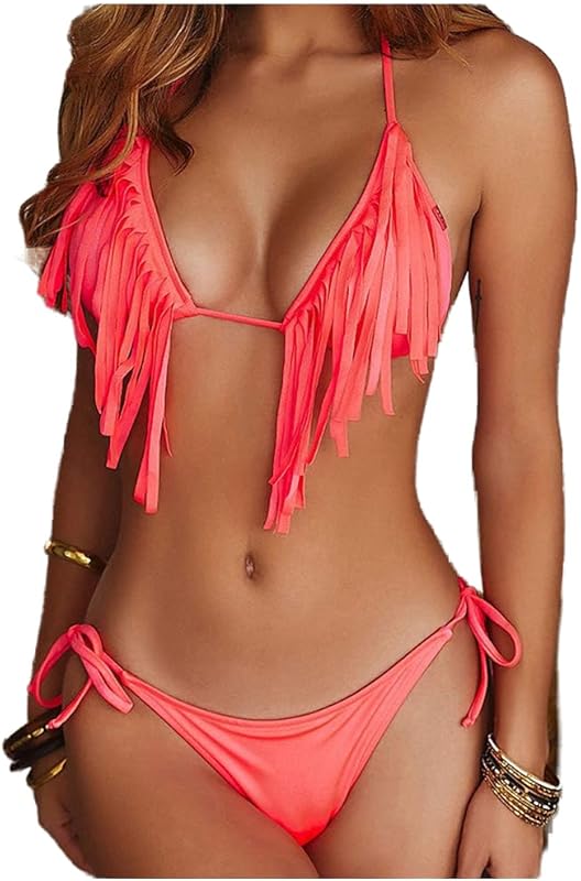 Women Sexy Swimsuit with Tassels Halter Top Low Waist Bandage Bikini Set Hanging Neck Removable Padded Bra Beach Swimwear