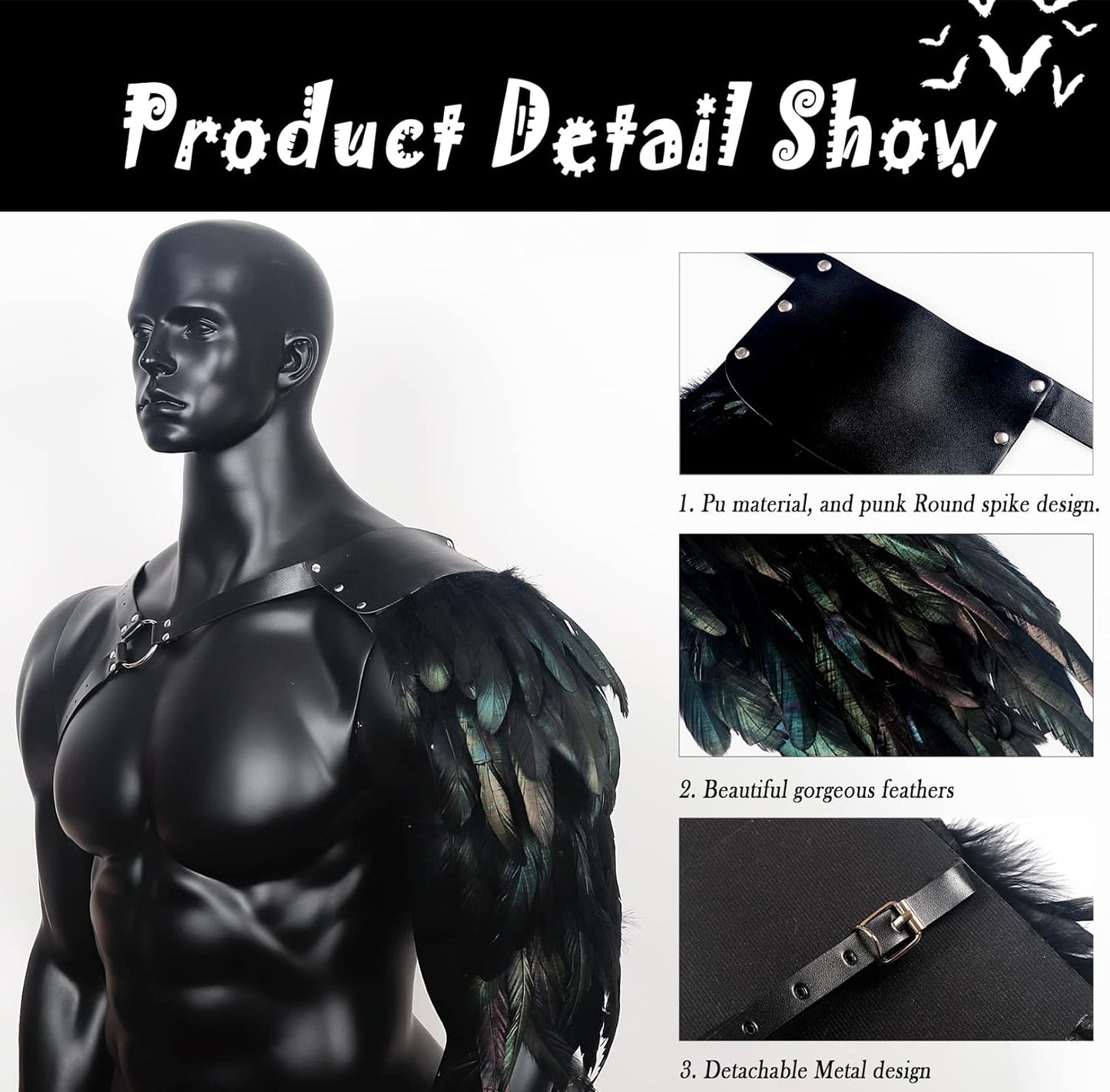 L'VOW Gothic Feather Shoulder Armor for Men Leather Harness Medieval Guards Halloween Cosplay Costume