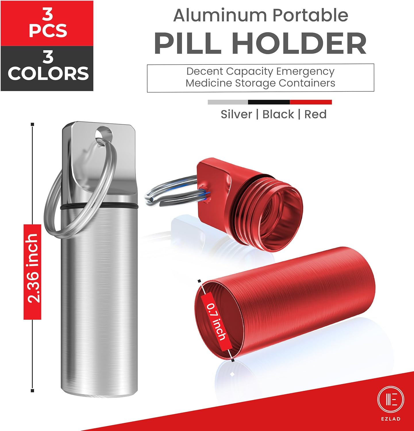 Keychain Pill Holder (Pack of 3), Aluminum Alloy Waterproof Portable Small Travel Medicine Bottle Case Container for Purse, Mini Metal Capsule/Tablet Keeper Pocket Organizer