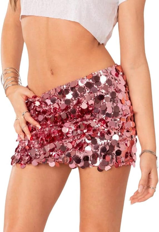 ANKOMINA Women's Sexy Shiny Sequin Mini Skirt Glitter Low Waist Pencil Skirts Bodycon Dance Party Club Short Skirt