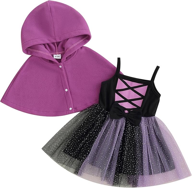 Yccutest Newborn Baby Girl Halloween Outfits 2Pcs Straps Tutu Romper Dress Halloween Cloak Coat Infant Pumpkin Witch Costume