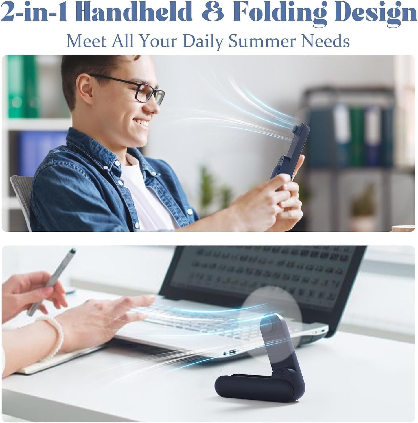 Handheld Mini Fan with USB Rechargeable 2000mAh Battery, Portable Hand Held Lash Fan for Makeup with 13 Woking Hours, Small Foldable Pocket Fans for Travel, Gifts for Women - Dark Blue