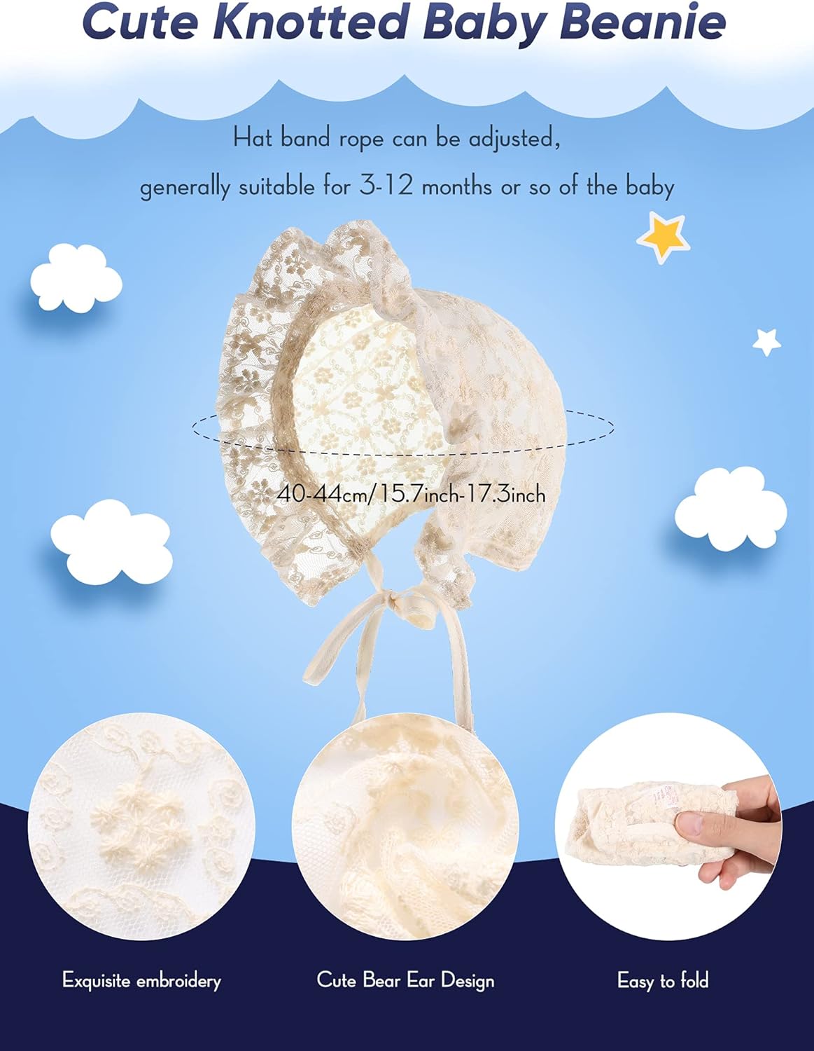 Unittype 2 Pieces Baby Girl Lacy Bonnet Eyelet Lace Christening Bonnet Cap Toddlers Beanie Breathable Sun Protection Hat White,40- 44cm 16.5-17.3 inches in head circumference