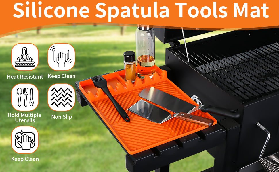 Griddle Mat Barbeque Grill Accessories Tools for Blackstone, Side Shelf Mat Grill Pad for Outdoor Grill Kitchen Counter Spatula Silicone Mat with Drip Pad for Kitchen, Cooking, Countertop (Orange)