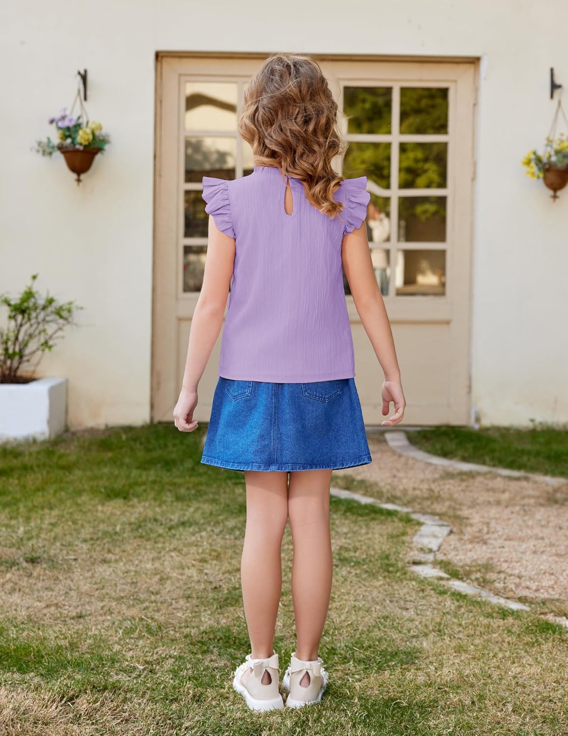 Arshiner Girls Ruffle Short Sleeve Shirts Cute Summer Frill Neck Pleated Textured Blouse Tops