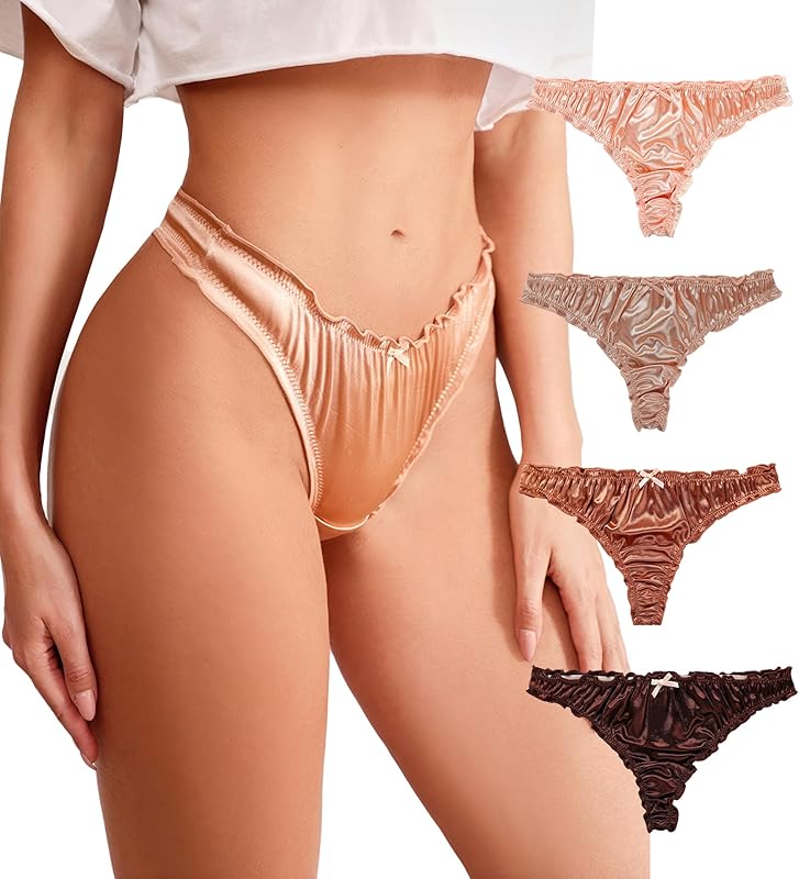 Women's Satin Thongs Silk Feeling Bikini Briefs Underwear Ruched G-String Thong Panties Smooth Panties 4 Pack