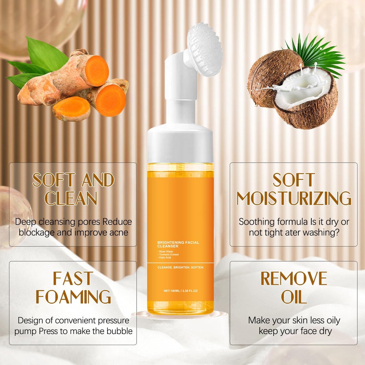 2pcs Glow Wash Face Wash With Brush,Turmeric Facial Wash, Turmeric Foaming Cleanser for All Skin