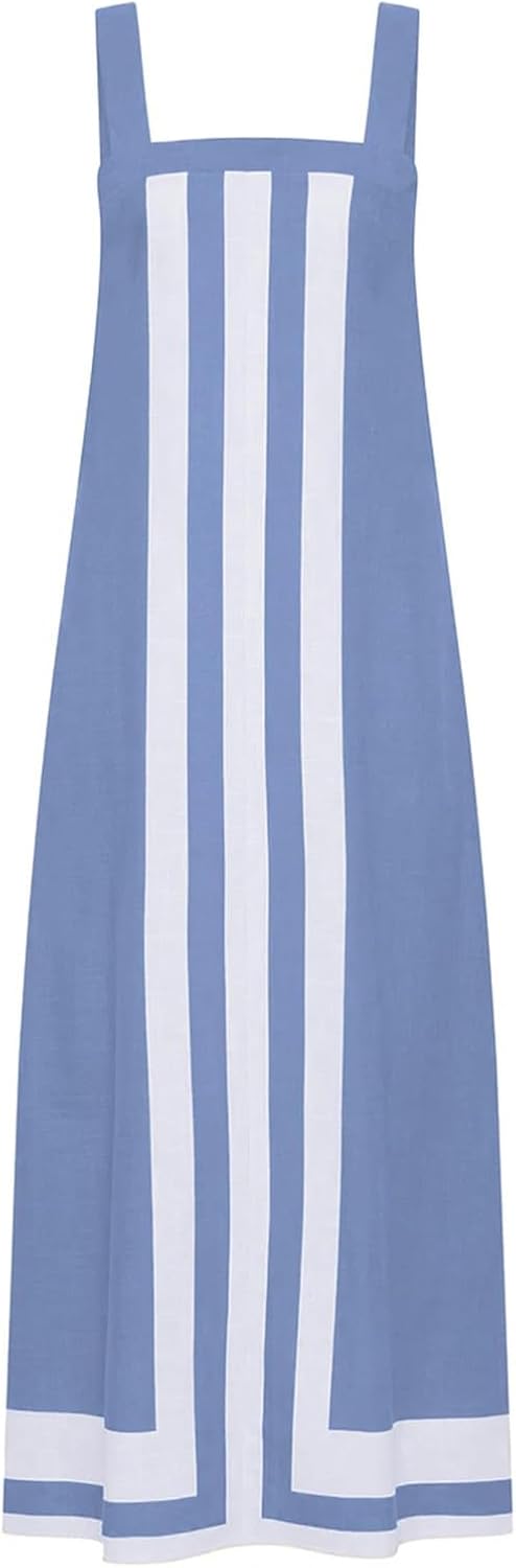 Color Block Dress for Women Sleeveless Boho Shoulder Strap Striped Flowy Beach Casual Summer Cover Up Maxi Long Dress