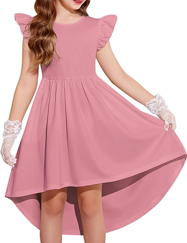 Arshiner Girls Summer Dress Tween Flutter Sleeve High Low Formal Dresses for Wedding Party with Pocket