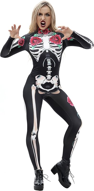 JJEUWE Women's Skeleton Halloween Bodysuit Costume Stretch Skinny Catsuit Jumpsuit