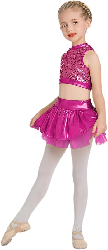 IBAKOM Girls Sequins Dance Outfits Halter Metallic Crop Top Camisole Tutu Skirt Hip Hop Clothes Kids Jazz Dance Costume