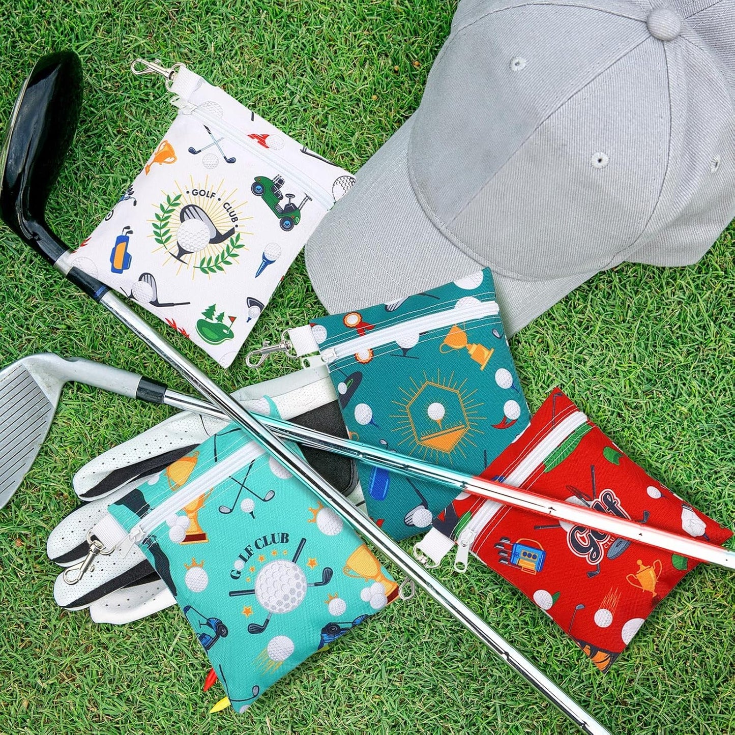 Silkfly 4 Pcs Golf Tee Bag 5.62 x 6.87 Inch Zipper Pouch Tee Holder Pouch with Metal Lobster Claw Clip Gifts Accessories for Men Women Golf Lover Player, 4 Styles(Stylish)