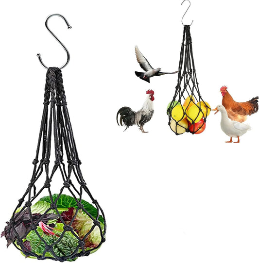 Chicken Vegetable Hanging Feeder, Chicken Vegetable String Bag, Poultry Fruit Holder Chicken Cabbage Feeder Treat Feeding Tool with S Hook for Hens Chicken Coop Toy for Hen Duck Accessories