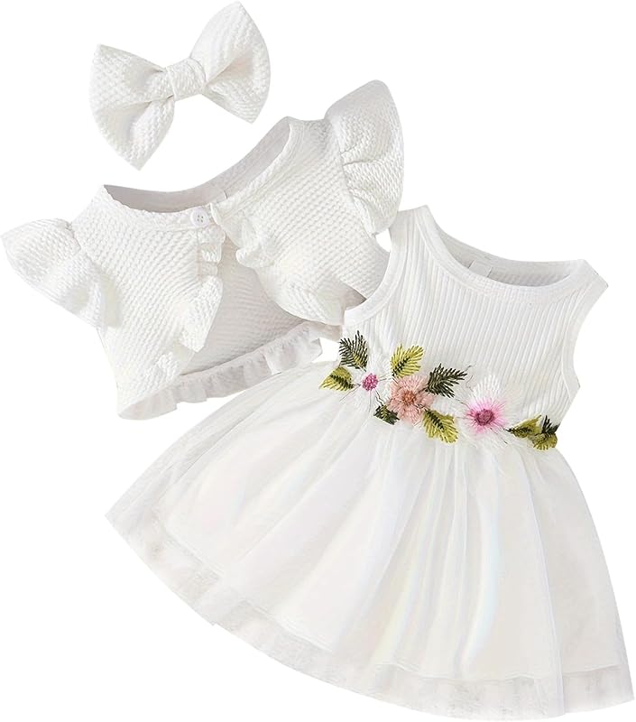 IDOPIP Baby Girls Tutu Dress Cardigan Headband 3 Pieces Elegant Embroidery Outfit Princess Baptism Ball Gown Pageant Dress