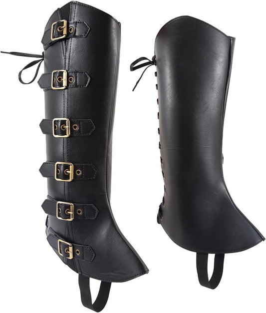 Pirate Boot Covers - Viking, Jedi, Medieval, Steampunk, Renaissance Leg Covers - Men's PU Leather Leg Guards - Black, Adult, US 21-22, X-Wide