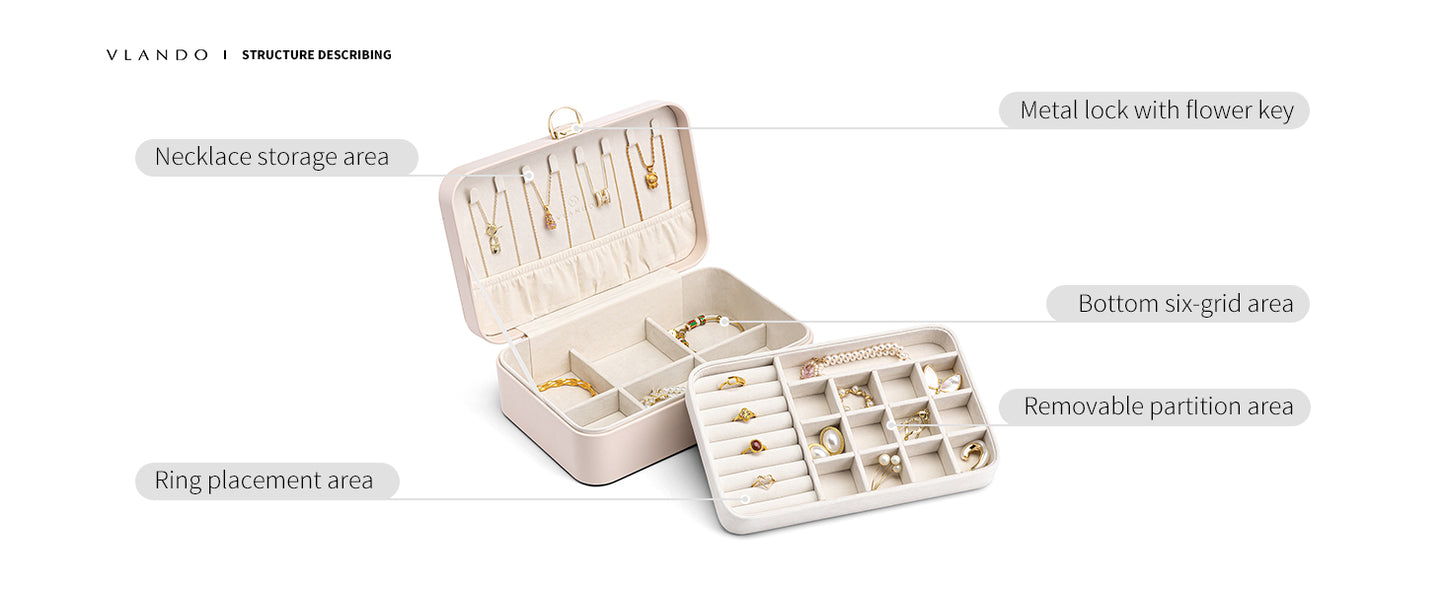 Vlando Jewelry Box Organizer for Women Girls, 2 Layer Jewelry Case with Lock,Jewelry Storage Earrings Necklace,Rings,Gift for Teachers Wedding Birthday Gifts-Cream White